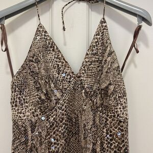 Designer Evening Gown with Halter Top in Snake Print with Scattered Sequins.